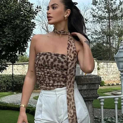 Ruched Leopard Print Tulle for Top Women Halter Sleeveless Off Shoulder Tops 2024 Summer Backless Lady Beach Chic Corset