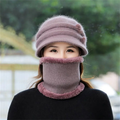 Women Winter Hat Keep Warm Cap Add Fur Lined CAPS And Scarf Set Warm For Female Casual Rabbit Fur Winter Knitted Bonnet