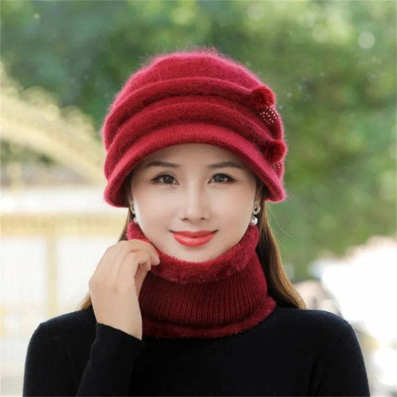 Women Winter Hat Keep Warm Cap Add Fur Lined CAPS And Scarf Set Warm For Female Casual Rabbit Fur Winter Knitted Bonnet