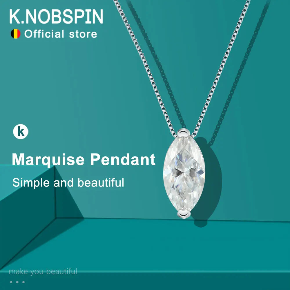 KNOBSPIN 5*10mm 1ct Marquise Moissanite Necklace for Women Men D VVS1 Lab Diamond GRA s925 Sliver Plated 18k Box Chain Necklace