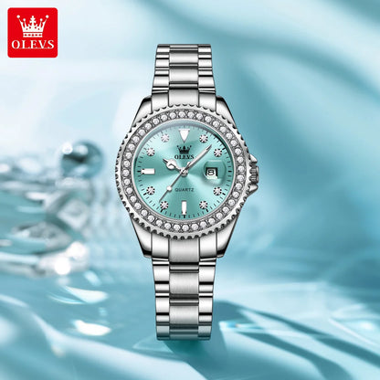 OLEVS Women's Watches Top Brand Original Quartz Ladies Watch Luxury Bezel Diamond Wristwatch Waterproof Enlarge Date Gift Set