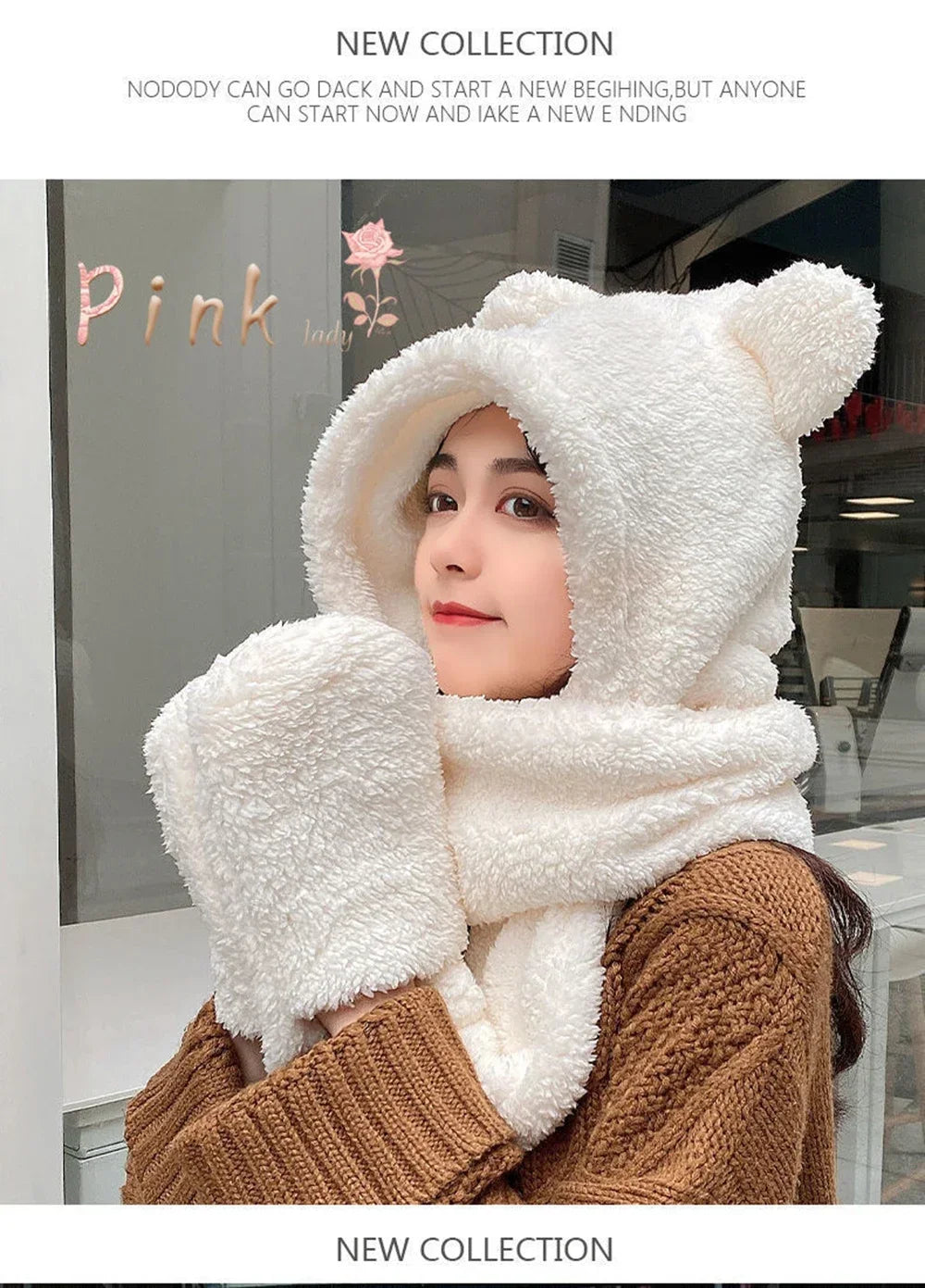 Fashion Winter Women Novelty Beanies Caps Warm Bear Ear Hat Casual Plush Hat Scarf Set Casual Solid Women Caps Present