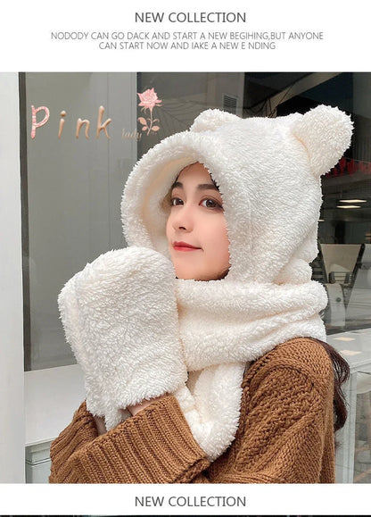 Fashion Winter Women Novelty Beanies Caps Warm Bear Ear Hat Casual Plush Hat Scarf Set Casual Solid Women Caps Present