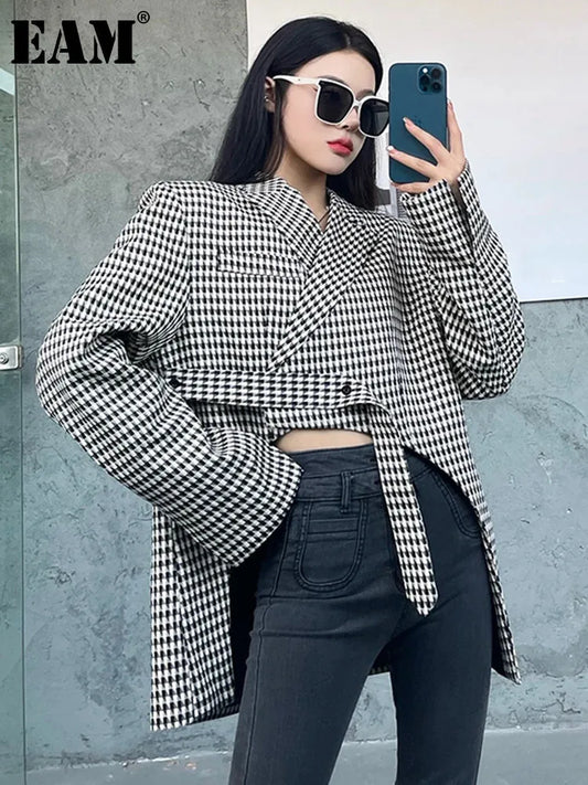 EAM Women Plaid Big Size Asymmetry Vintage Blazer New Lapel Long Sleeve Lace-up Jacket Fashion Tide Spring Autumn 2024 31A0891