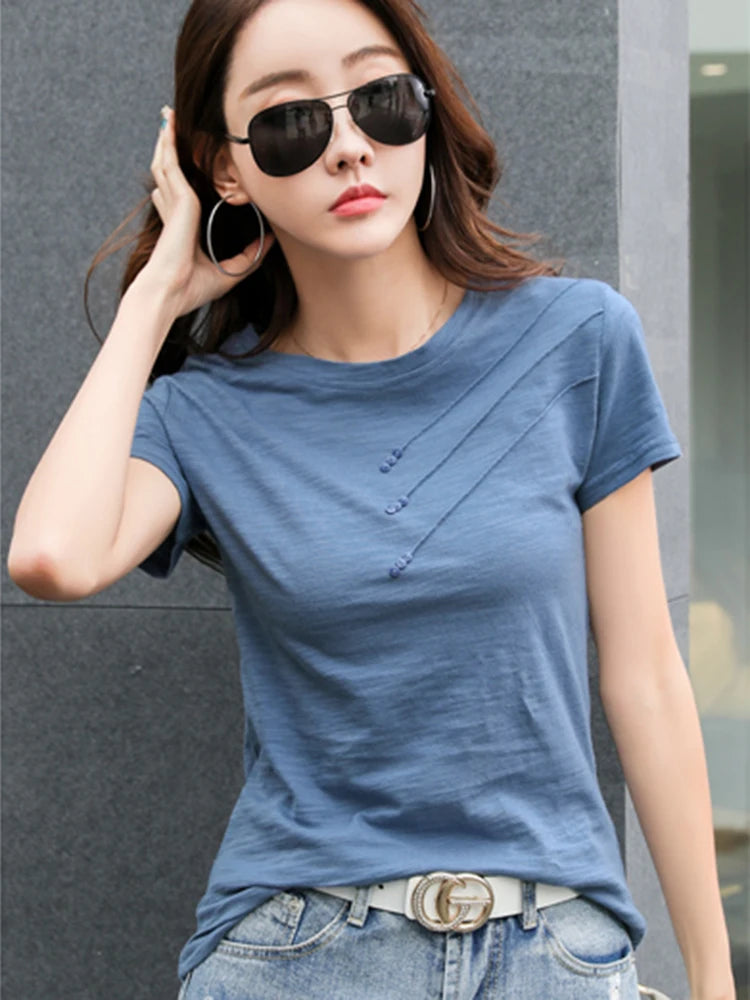 Summer Women Tee-Shirts Button Ribbed Cotton Top Loose Fashion T-shirts Women Streetwear Short Sleeve O-Neck Korean Tops