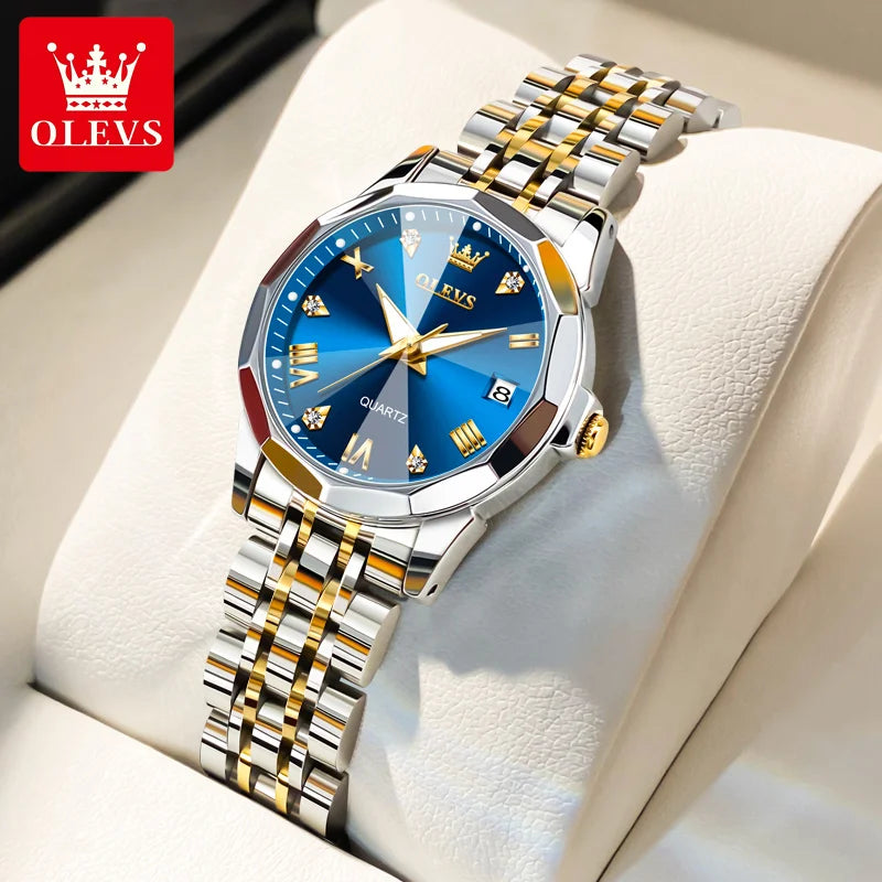 OLEVS Top Brand Women's Watches Elegant Rhombus Mirror Original Quartz Ladies Wristwatch Stainless Steel Waterproof Luminous New