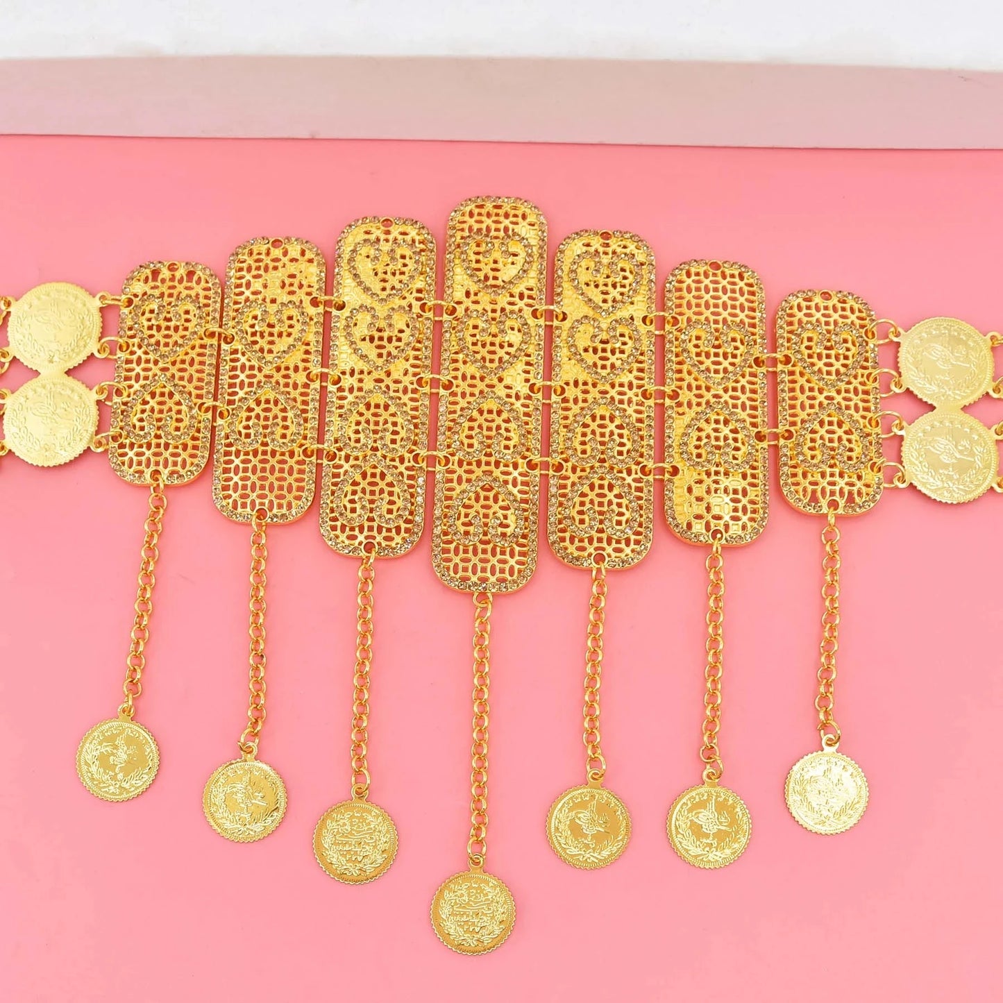 Afghan Turkish Golden Coin Belt Rhinestone Crystal Geometric Heart India Waist Belly Chains Kurdish Moroccan Arabic Body Jewelry