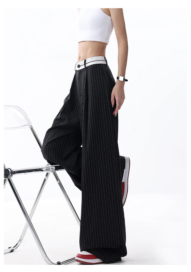 Korean Fashion Women Old Money Style Baggy Long Trousers Striped Vintage Irregular Design Loose Casual Pants 2000s Aesthetic New