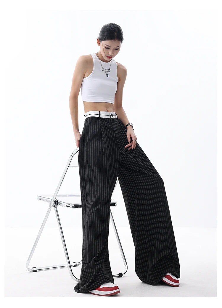 Korean Fashion Women Old Money Style Baggy Long Trousers Striped Vintage Irregular Design Loose Casual Pants 2000s Aesthetic New