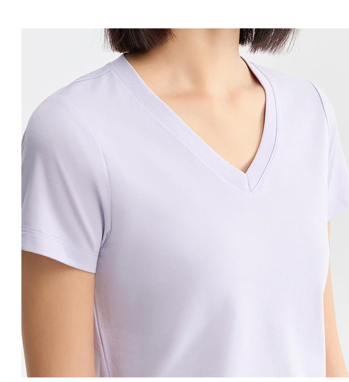 Semir Short Sleeve T-Shirt Women Slim V-Neck Positive Shoulder Simple 2024 New Antibacterial Summer Solid Colour Versatile T shi