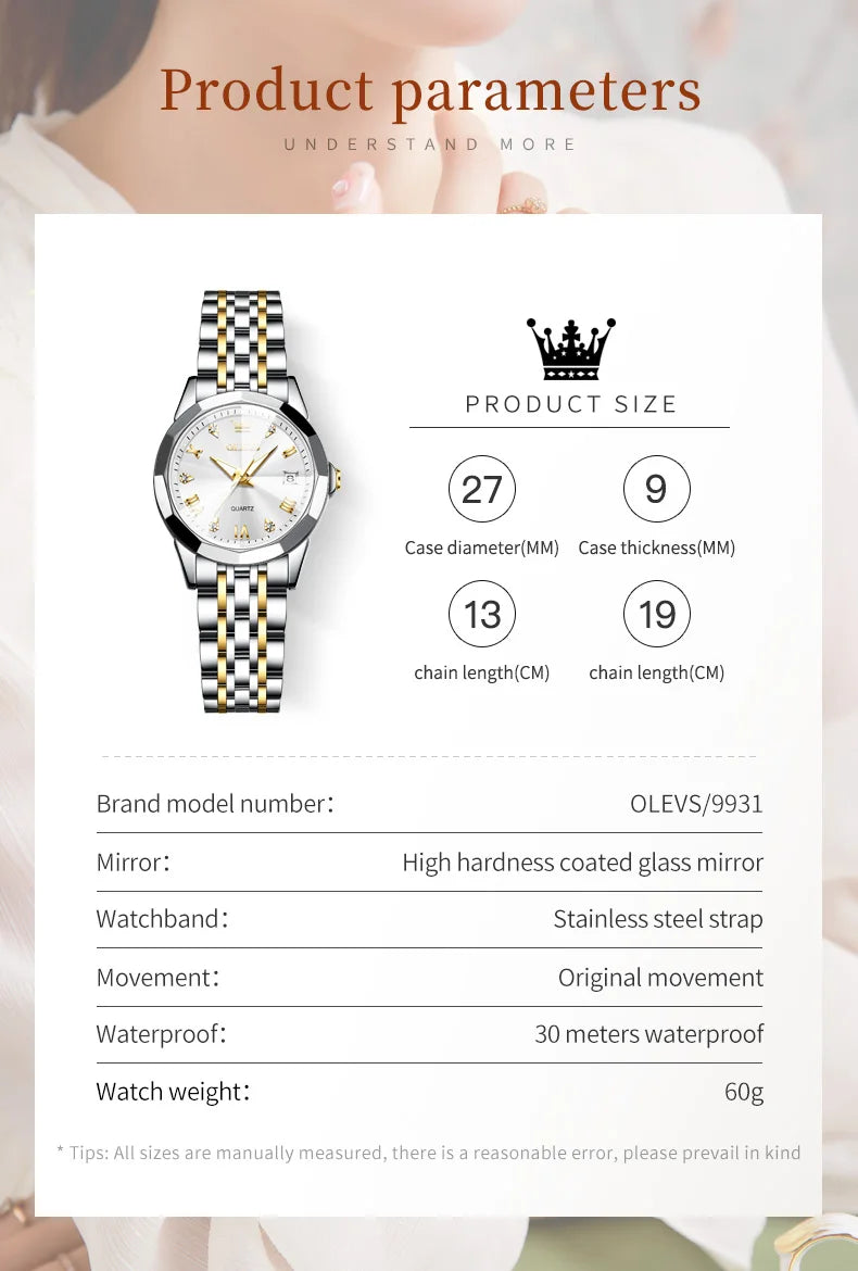 OLEVS Top Brand Women's Watches Elegant Rhombus Mirror Original Quartz Ladies Wristwatch Stainless Steel Waterproof Luminous New