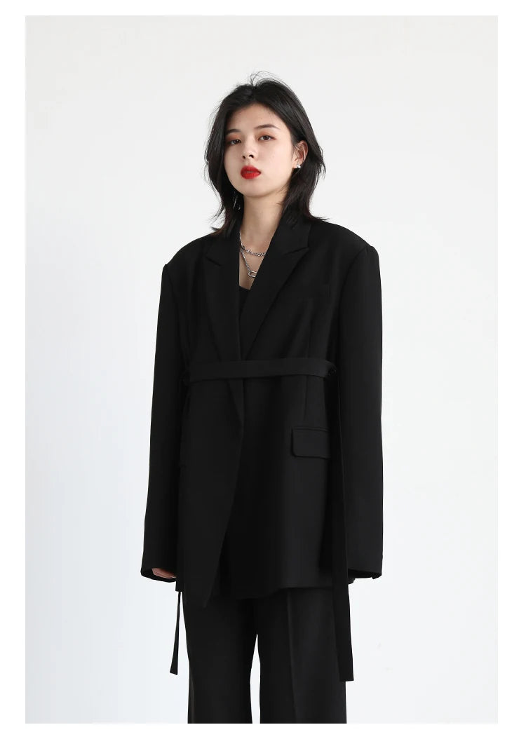 CHIC VEN Women Blazer Design Wide Shoulder Ribbon Solid Women's Medium Long Coat Office Lady Female Overcoat Spring Autumn 2022