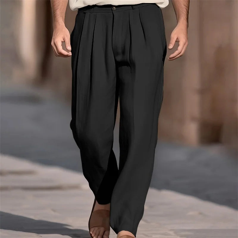 Men’s Wide Leg Pants Drawstring Mid Waist Pleated Front Long Pants Casual Beach Pants Spring Autumn Clothes