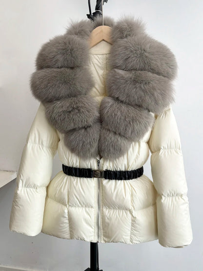 Janveny Super Big Real Fox Fur Winter Women 90% White Duck Down Jacket 2024 Ladies Slim Warm Puffer Coat Female Thick Parkas