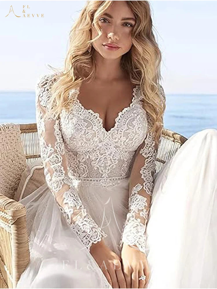 Bohemian Long Sleeves Women Wedding Dresses V-Neck Appliques Bridal Gowns Graceful Formal Dress Vestido De Noiva Customized