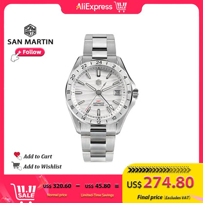 San Martin Design 39mm GMT Men Watch Luxury Business Dress NH34 Mechanical Stainless Steel Wristwatch Date Sapphire 10Bar SN0129