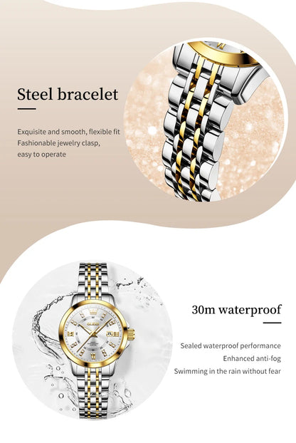 OLEVS Women's Watches Elegant Fashion Original Quartz Watch for Lady Waterproof Stainless Steel Luminous Date Bracelet Gift 2024