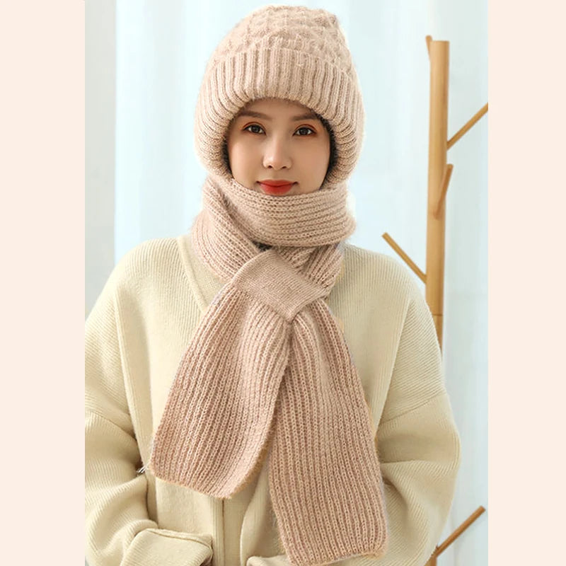 New Plush Hat And Scarf All In One Knitted Women Winter Warm Hat Scarf Hooded Ear Protection Outdoor Ski Female Beanie Cap