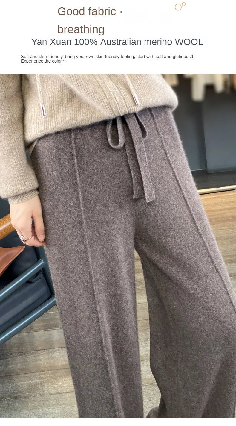 2023 autumn and winter new high-waisted wool mopping pants women's casual wide-leg pants hang out knitted woolen pants