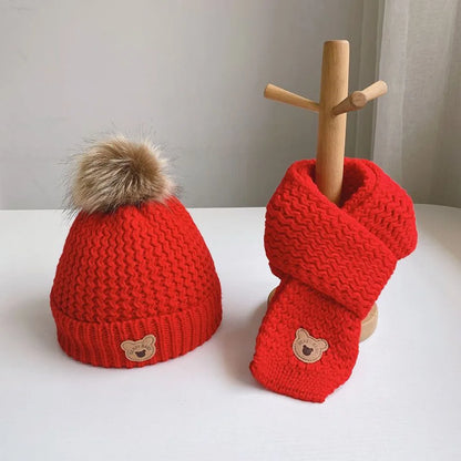 Autumn And Winter Children's Hats Scarves Two-piece Set Plush Insulation Knitted Hat Set Little Bear Wool Hat