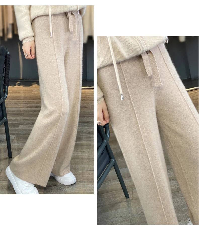 2023 autumn and winter new high-waisted wool mopping pants women's casual wide-leg pants hang out knitted woolen pants