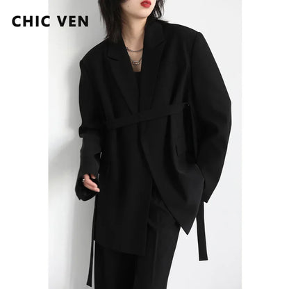 CHIC VEN Women Blazer Design Wide Shoulder Ribbon Solid Women's Medium Long Coat Office Lady Female Overcoat Spring Autumn 2022