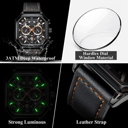 POEDAGAR Luxury Chronograph Square Man Watch Waterproof Luminous Date Men Watch Sports Leather Men's Watches Quartz Reloj Hombre