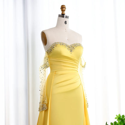 Sharon Said Elegant Sweetheart Yellow Satin Evening Dress with Gloves Beaded Pearls Women Wedding Party Gowns SS586 Customized