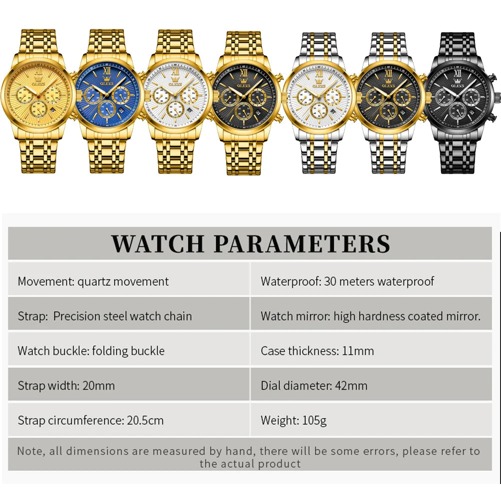 OLEVS 2023 New Gold Watch for Men Stainless Steel Waterproof Chronograph Calendar Man Watch Luxury Top Brand Men's Wristwatches