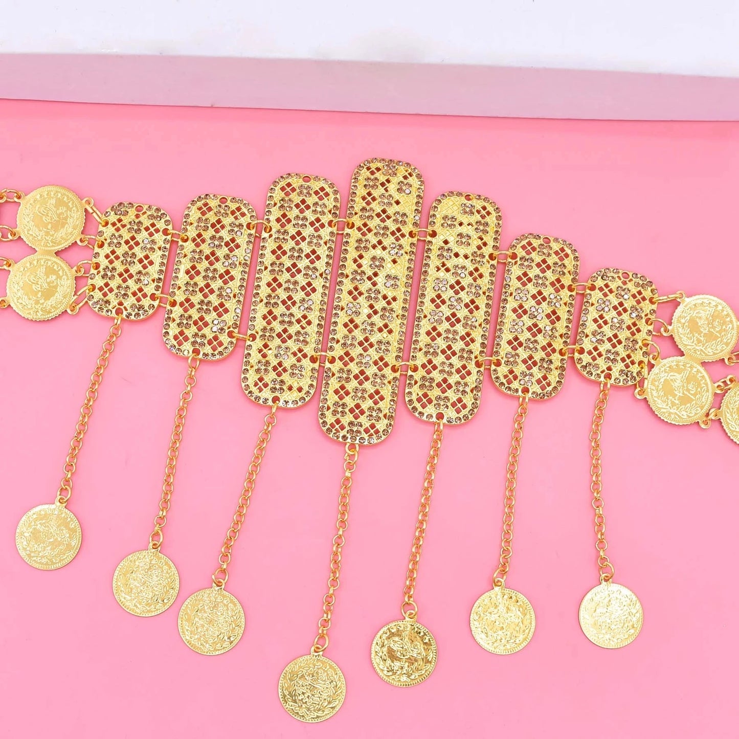 Afghan Turkish Golden Coin Belt Rhinestone Crystal Geometric Heart India Waist Belly Chains Kurdish Moroccan Arabic Body Jewelry