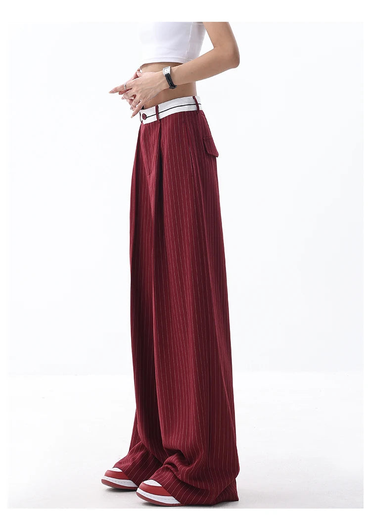 Korean Fashion Women Old Money Style Baggy Long Trousers Striped Vintage Irregular Design Loose Casual Pants 2000s Aesthetic New