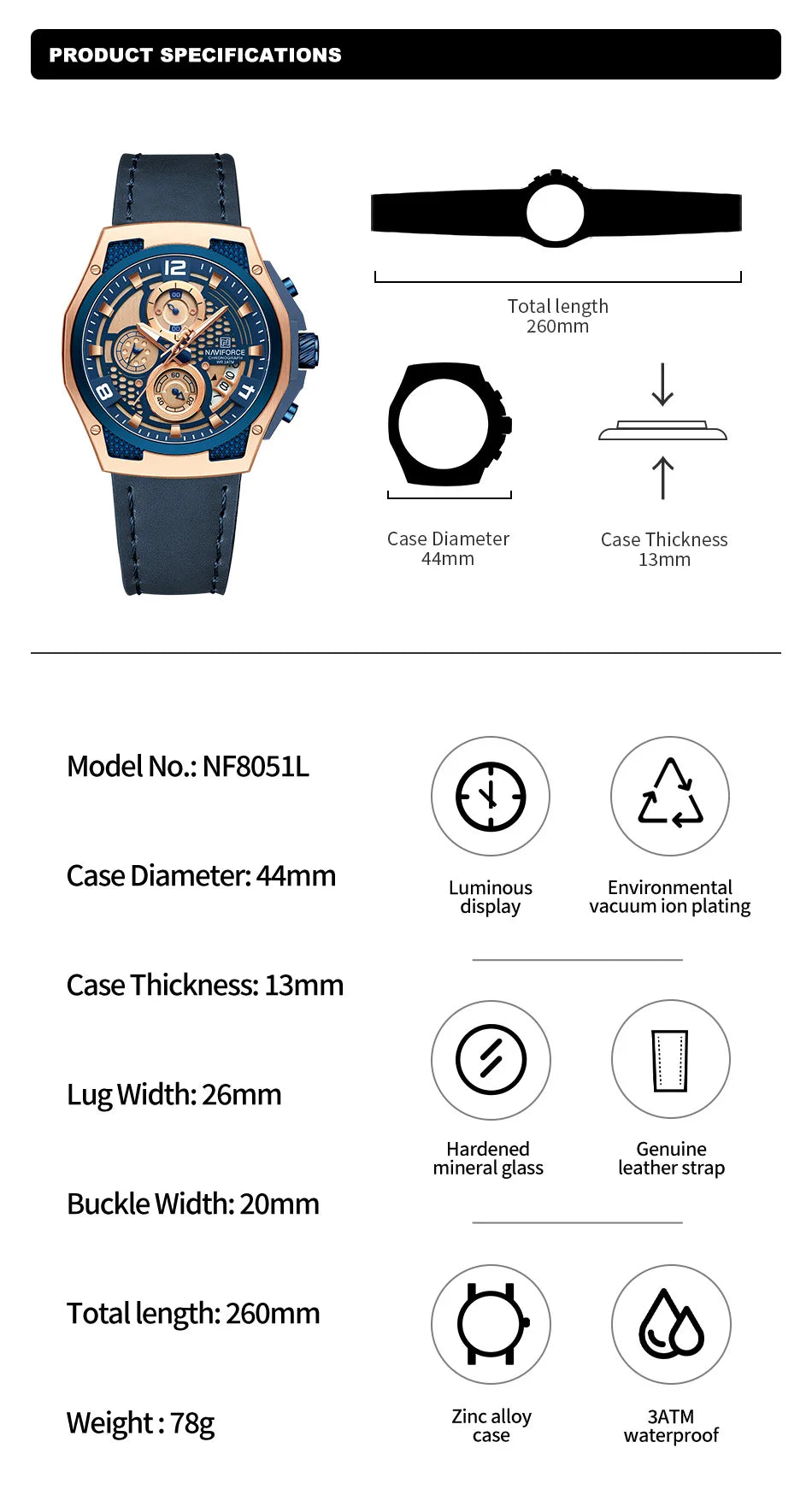 NAVIFORCE Man Watch High Quality Waterproof Chronograph Luminous Men's Wristwatch Leather Luxury Quartz Watches Casual Clock