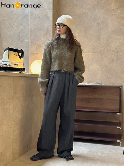 HanOrange 2024 Winter Fashion Modern Wide Leg Wool Pants Women Loose Warm Comfortable Trousers Female Black Gray/Coffee