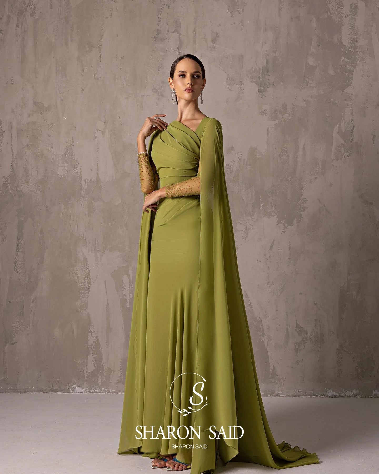 Sharon Said Custom Made Asymmetrical Sage Green Chiffon Arabic Evening Dress with Cape Sleeve For Women Wedding SF051 Customized