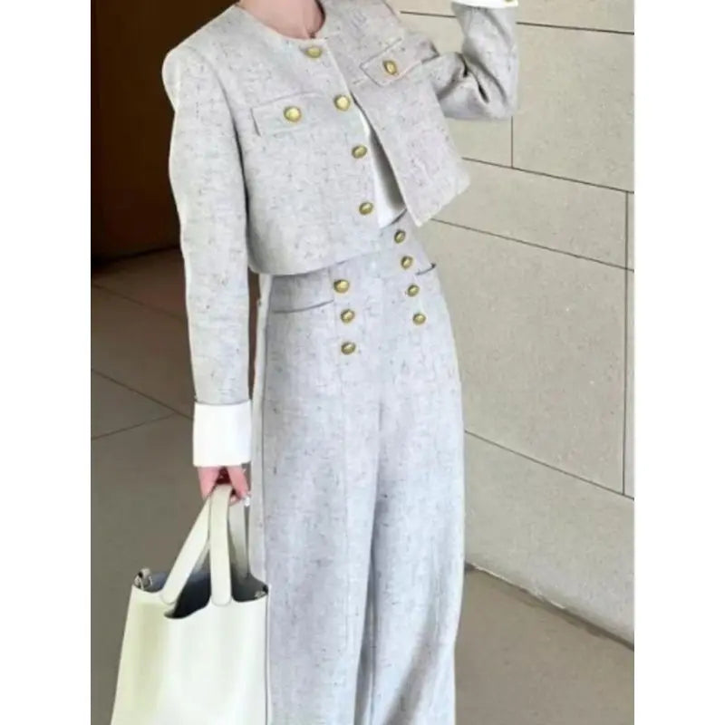 Women's Winter Fragrance Short Woolen Suit Wide-leg Pants Set Retro Casual Metal Button Crewneck Jacket Trousers Two-piece