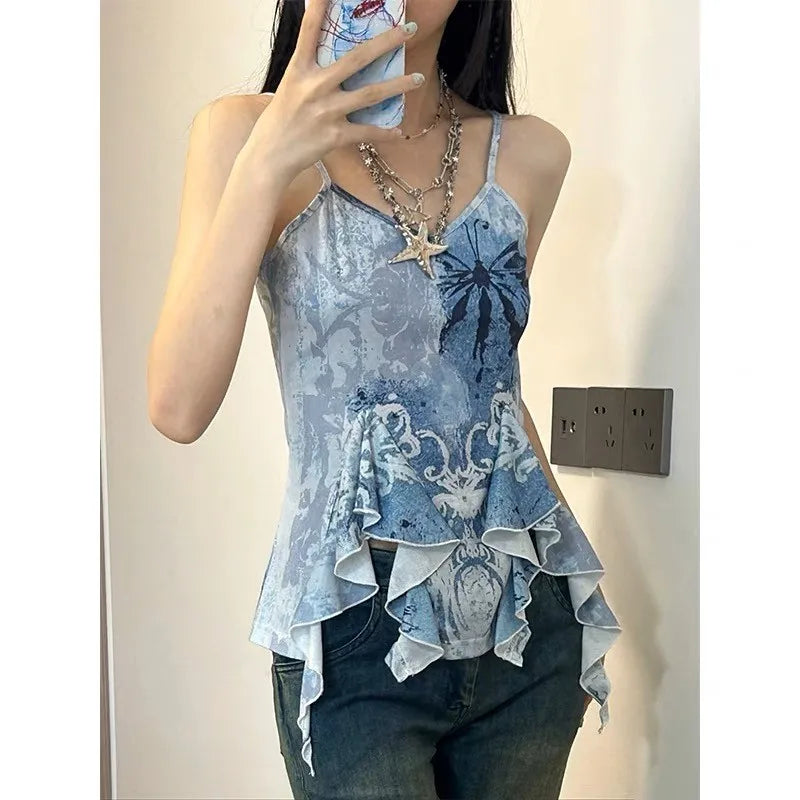 Genayooa Retro Tank Tops Women Sleeveless Blue Print Tank Y2k Vintage Camis 2000s Japanese E Girls Tee Irregual Tank Tops Summer