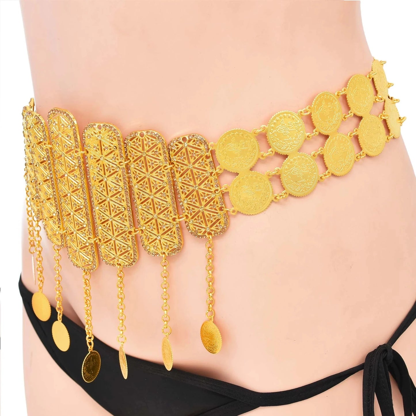 Afghan Turkish Golden Coin Belt Rhinestone Crystal Geometric Heart India Waist Belly Chains Kurdish Moroccan Arabic Body Jewelry