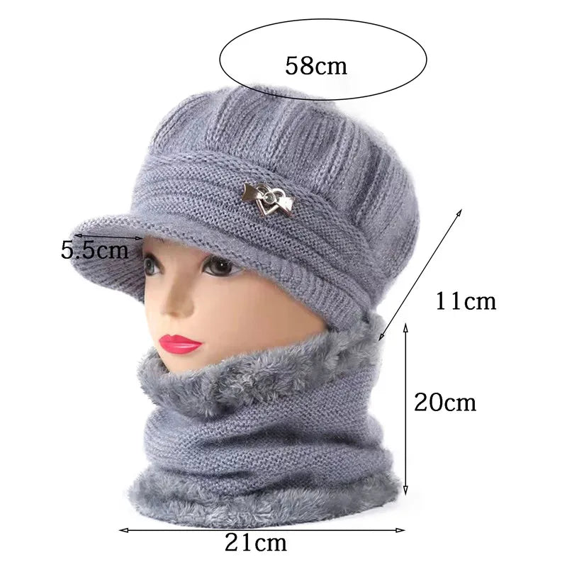 Knitted Hat Women Warm Winter Hats For Women Ladies Beanie Girls Skullies Femme SnapBack Warm Plush Hat Sombrero Mujer Scarf Set