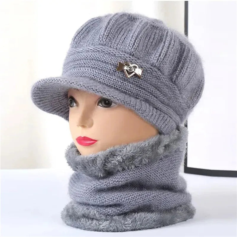 Knitted Hat Women Warm Winter Hats For Women Ladies Beanie Girls Skullies Femme SnapBack Warm Plush Hat Sombrero Mujer Scarf Set