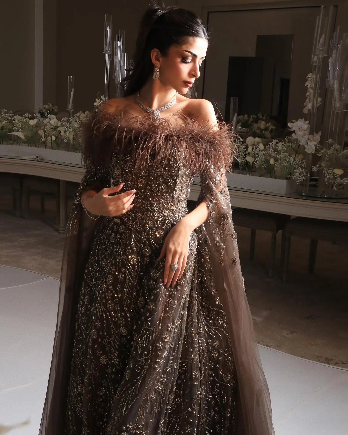 Sharon Said Off Shoulder Luxury Feather Brown Evening Dress with Cape Sleeve Navy Blue Women Wedding Party Gown SS135 Customized