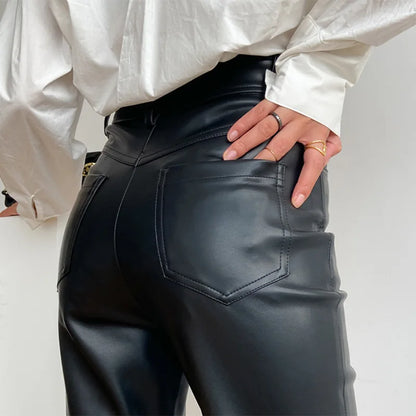 Women Leather Tight Trousers New Minimalist High Waisted Diagonal Pocket Long Pants Slim Straight Tube Pantalones Customer Color