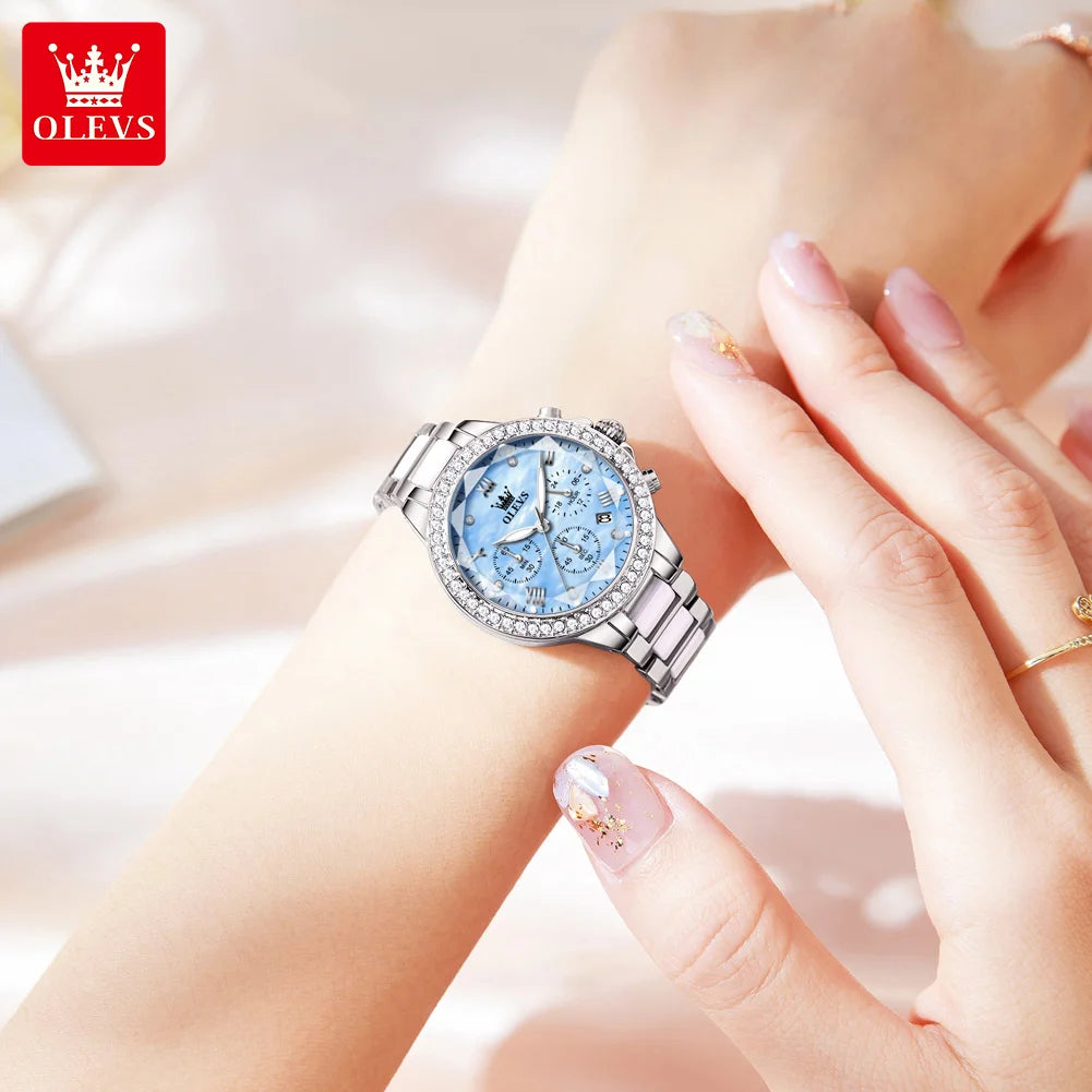 OLEVS Women's Watches Fashion Luxury Rhinestone luminous waterproof Bezel Ceramic Strap Quartz Women watch for Women Reloj mujer