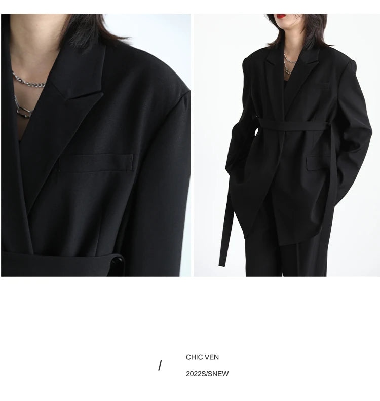 CHIC VEN Women Blazer Design Wide Shoulder Ribbon Solid Women's Medium Long Coat Office Lady Female Overcoat Spring Autumn 2022