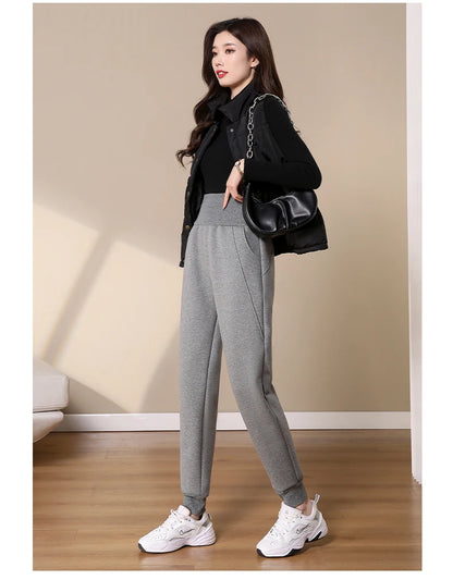 Women Pants Warm Winter Thick Lambskin Cashmere Pants High Waist Black Harem Long Trousers Wool Cold Resistant Pants PELEDRESSS