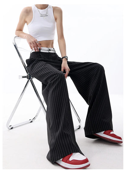 Korean Fashion Women Old Money Style Baggy Long Trousers Striped Vintage Irregular Design Loose Casual Pants 2000s Aesthetic New