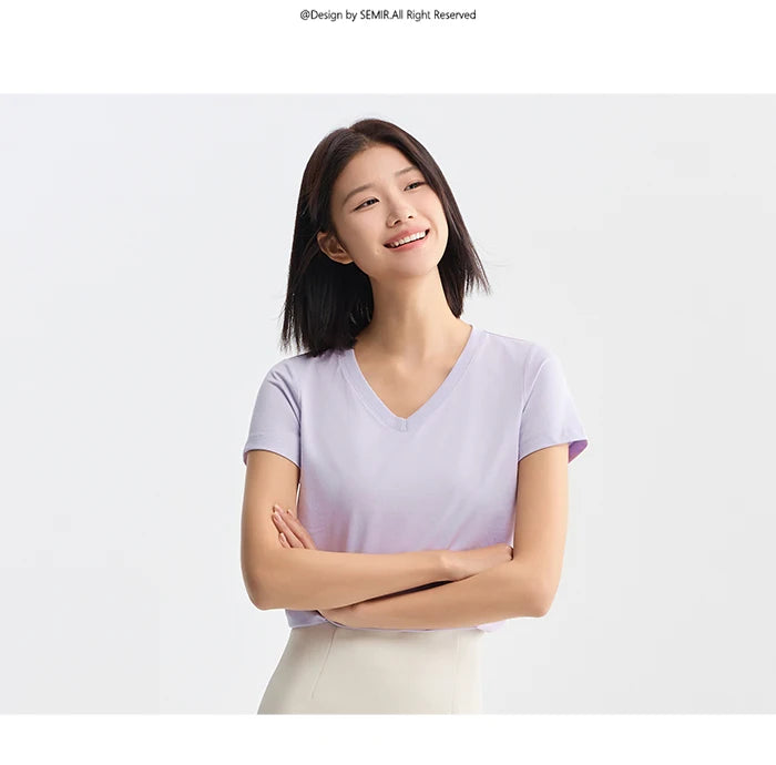 Semir Short Sleeve T-Shirt Women Slim V-Neck Positive Shoulder Simple 2024 New Antibacterial Summer Solid Colour Versatile T shi