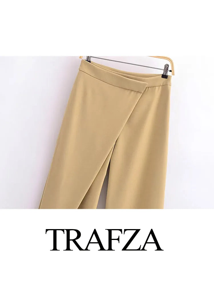 TRAFZA Women Fashion Khaki Elegant Loose Wide Leg Pants Casual Vintage High Waisted Side Zipper Female Long Trousers Streetwear