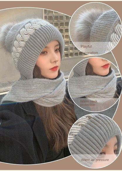 Hat Scarf All-in-one Female Winter Warm Rabbit Hair Knitted Cap Cycling Ear Protection Padded Cute Cold-proof Neck Cap