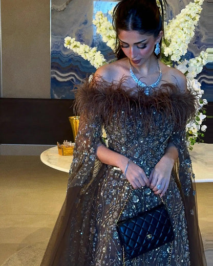 Sharon Said Off Shoulder Luxury Feather Brown Evening Dress with Cape Sleeve Navy Blue Women Wedding Party Gown SS135 Customized