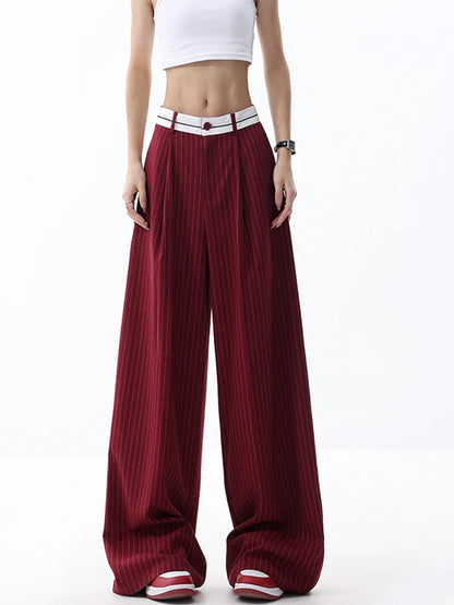 Korean Fashion Women Old Money Style Baggy Long Trousers Striped Vintage Irregular Design Loose Casual Pants 2000s Aesthetic New